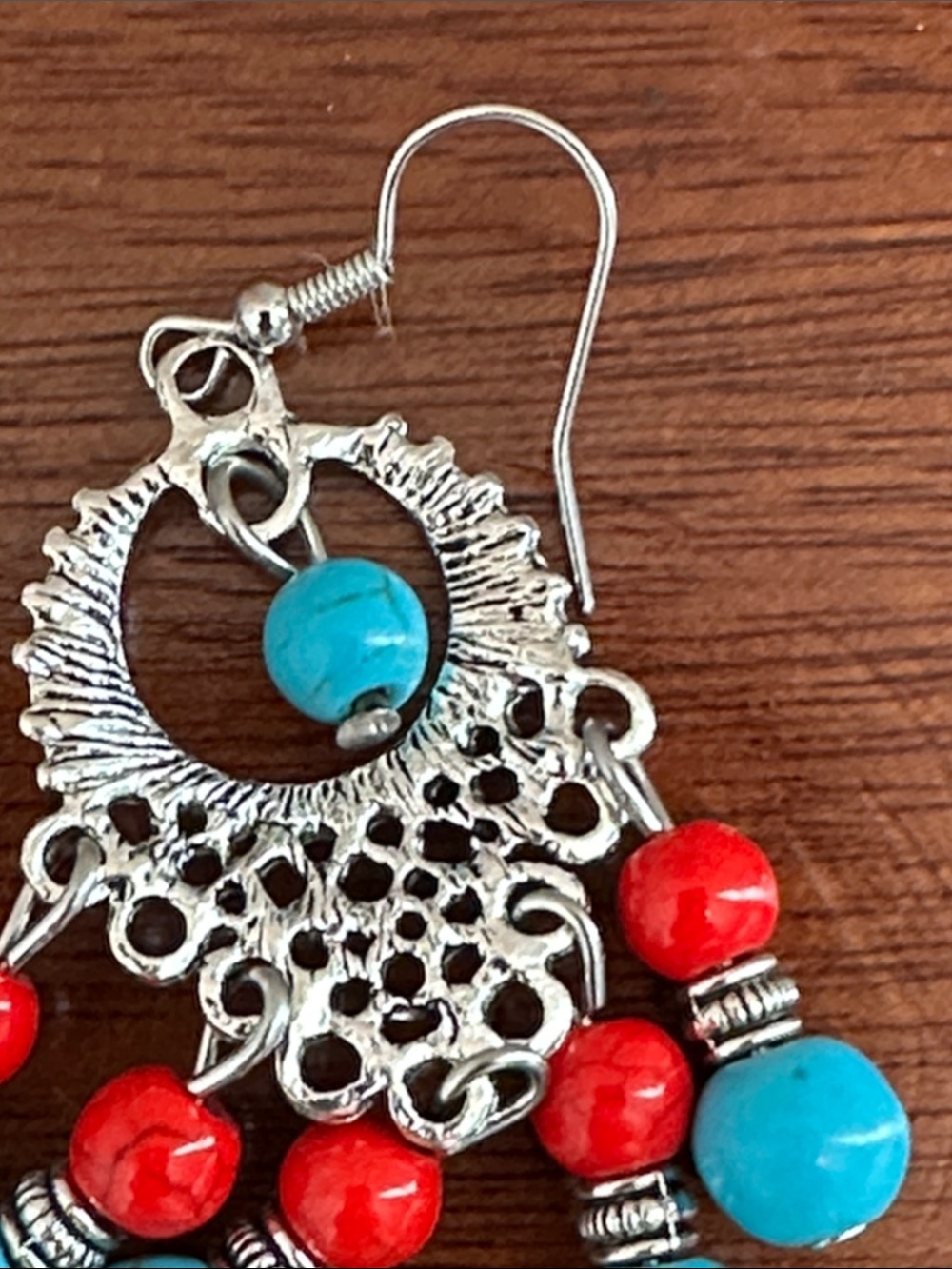 Fashion Jewelry Turquoise and Red Beaded Chandelier Earrings - Picture 8 of 8